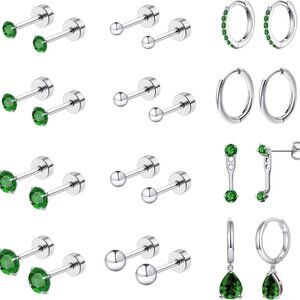 Hypoallergenic Stainless Steel Earring Stacks for Sensitive Ears in Green with C